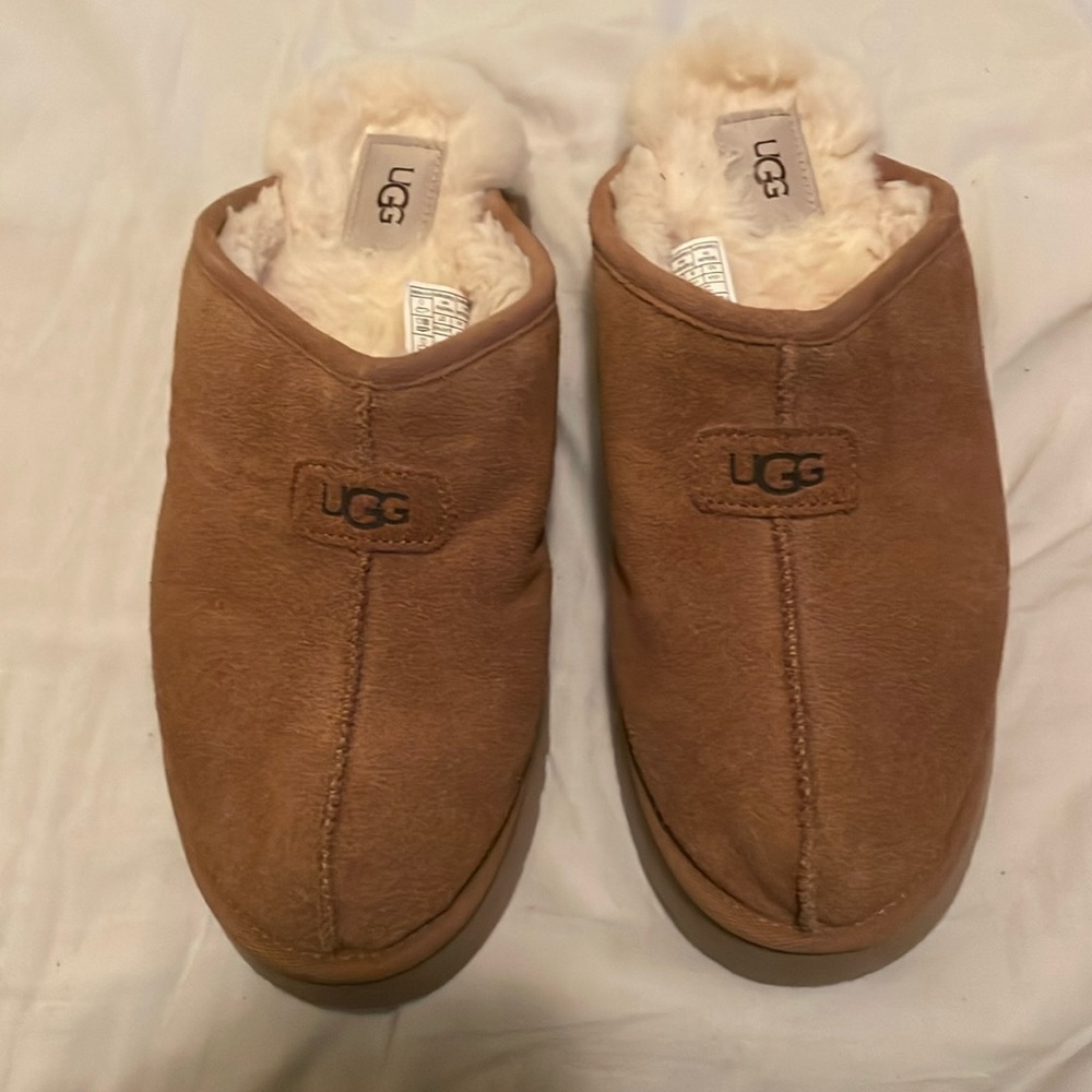 UGG WOMEN'S DISCOQUETTE SUEDE SHEARLING SLIP ON SLIPPERS CHESTNUT Sz 10 EUC